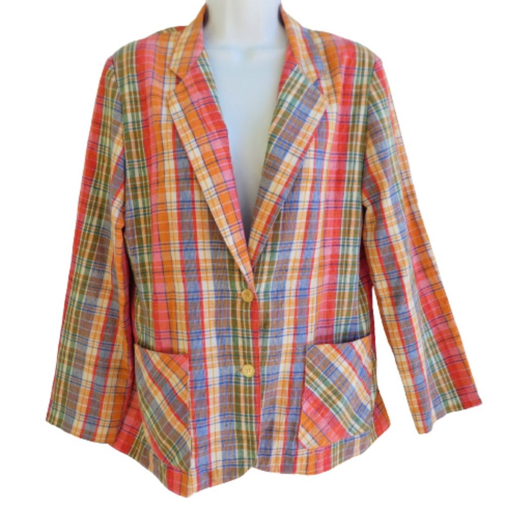 Vintage 60s Campus Casuals of California Rainbow Plaid Blazer Two Button Pockets